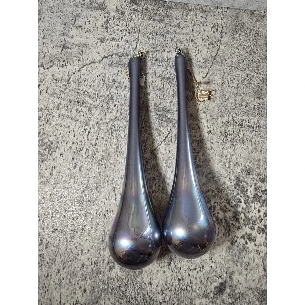 2 Jim Marvin Vintage Metallic Teardrop light blue gray glass Christmas Ornaments